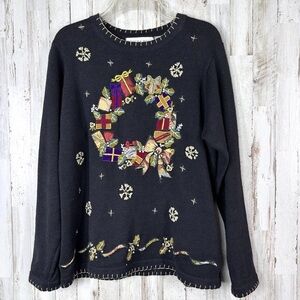 Victoria Jones Festive Black Holiday Sweater with Wreath Embroidery Design